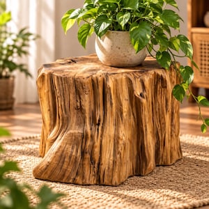 Peut inclure: Une table d'appoint en souche d'arbre en bois naturel avec une finition brun clair et des motifs de grain verticaux visibles. Un pot en céramique gris clair moucheté contenant une plante verte feuillue repose sur le dessus plat.