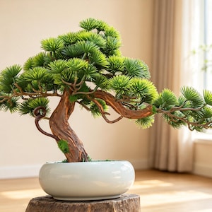 Handmade Artificial Pine Bonsai Tree, Welcoming Pine with Ceramic Pot, Real Wood Trunk, No Watering, Japanese Home Decor