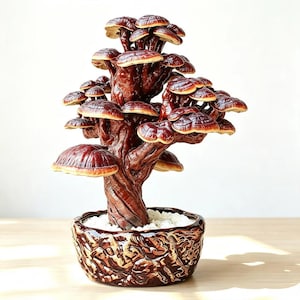Large Natural Reishi Mushroom Bonsai, Handmade Lingzhi Tree Sculpture, Ceramic Pot, No Maintenance Required， Actual item matches the photos