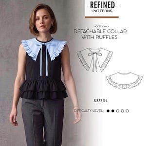 May include: A sewing pattern for a detachable collar with ruffles, labeled Model # 0113. The pattern includes a light blue collar with a tie front and ruffled edges, shown on a black sleeveless top with a double-tiered ruffled peplum hem.