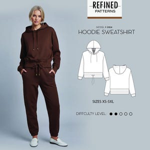 May include: A dark brown hoodie sweatshirt and matching sweatpants set. The image includes the text REFINED PATTERNS, MODEL # 0104, HOODIE SWEATSHIRT, SIZES XS-5XL, and DIFFICULTY LEVEL with two filled circles out of five. Technical line drawings show front and back views.