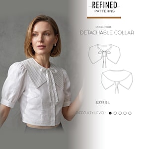 May include: A sewing pattern for a detachable collar labeled REFINED PATTERNS MODEL # 0106. The image displays a white blouse with a black polka dot collar tied with a ribbon, alongside technical line drawings of the collar and S-L sizing info.