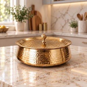 May include: A round, gold-colored metal serving dish with a hammered texture and a matching lid. The lid features a small, decorative, ribbed knob handle at the center. The dish has a wide, flat rim and a deep, rounded base for holding food items.