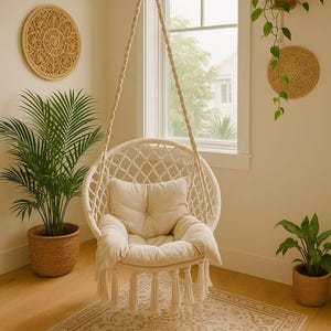 Handmade Macrame Hanging Chair with Cushion | Boho Indoor Outdoor Swing Hammock