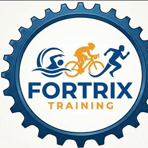 May include: A circular logo featuring a blue gear outline enclosing a blue swimmer, an orange cyclist, and a blue runner. The text FORTRIX is printed in bold blue capital letters, with the word TRAINING in orange capital letters below it.