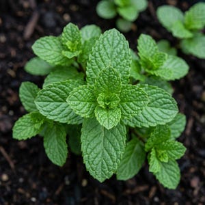 May include: A vibrant green mint plant featuring multiple stems with serrated, textured leaves growing from dark, moist soil. The plant displays a symmetrical arrangement of foliage with pointed tips and prominent veins on each individual leaf.
