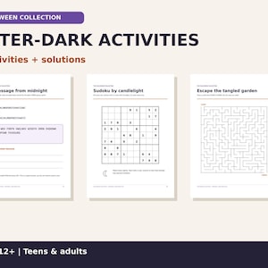 May include: A Halloween collection activity book titled After-Dark Activities featuring 6 activities and solutions. Three pages are shown: A message from midnight with a cipher, Sudoku by candlelight, and a maze titled Escape the tangled garden.