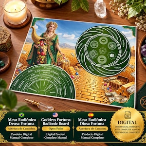 Puede incluir: Un tablero radiónico rectangular con una ilustración de la diosa Fortuna sosteniendo un cuerno de la abundancia lleno de frutas en un campo dorado. El tablero incluye diagramas circulares verdes con texto y símbolos en portugués, además de una etiqueta de producto digital.