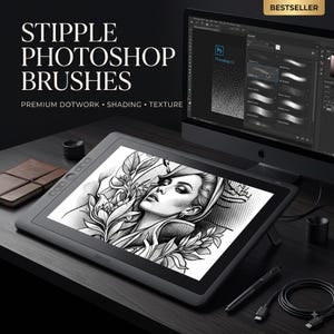 May include: A digital drawing tablet displaying a black and white stipple illustration of a person surrounded by flowers. The screen shows the text STIPPLE PHOTOSHOP BRUSHES PREMIUM DOTWORK SHADING TEXTURE and a computer monitor with brush settings.
