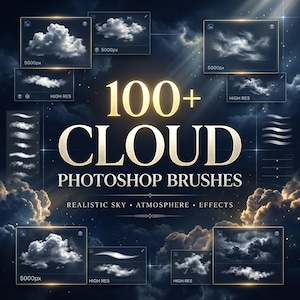 May include: A digital collection of 100+ cloud Photoshop brushes featuring various white cloud formations against a dark blue sky. The text reads 100+ CLOUD PHOTOSHOP BRUSHES REALISTIC SKY ATMOSPHERE EFFECTS with several preview boxes showing 5000px resolution.