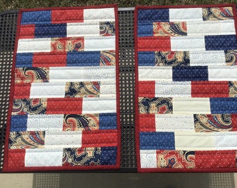 Red White and Blue Set of 2 Reversible Placemats in Moda Red, Cream, Blue and Gold Fabric