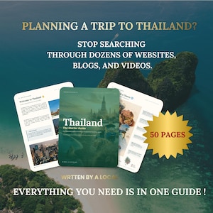 May include: A digital travel guide titled Thailand The Starter Guide, featuring a green cover with a temple and tuk-tuk illustration. The guide includes 50 pages of information, with sample interior pages showing text and photos of Thailand.