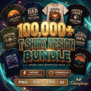 Może przedstawiać: Cyfrowa kolekcja projektów koszulek z napisem 100,000+ T-SHIRT DESIGN BUNDLE MEGA POD GRAPHICS PACK. Obraz przedstawia osiem koszulek z różnymi nadrukami graficznymi, w tym górami, kawą, hantlami i kontrolerami do gier.