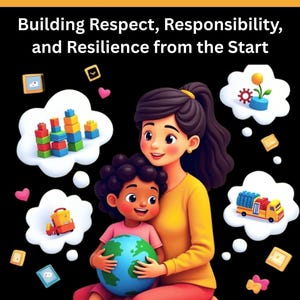 May include: A book cover titled Love and Logic for early Childhood: Building Respect, Responsibility, and Resilience from the Start by Stan Hebot. It features an illustration of an adult and child holding a globe, surrounded by thought bubbles with toys.
