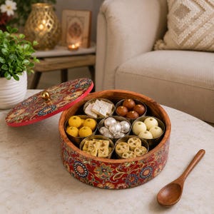 Wooden Masala Box for Kitchen with 7 Stainless Steel Jar & Wooden Spoon-Red Brass Lid with Knob | Spice Organizer | Dry Fruit Storage Box