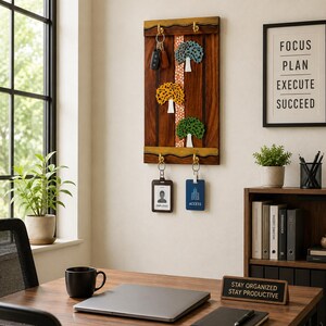 May include: A rectangular wooden wall organiser featuring a dark brown finish with a central vertical strip of white dots. It includes three decorative tree cutouts in blue, yellow, and green, along with four gold-toned metal hooks for hanging items.