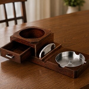 May include: A dark brown wooden cigar accessory station featuring a pull-out drawer with a silver handle, a circular cutout for a cigar, a vertical slot holding a silver cigar cutter, and a removable circular stainless steel ashtray insert.
