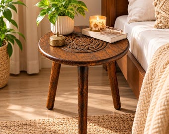 Gesneden houten ronde kruk | Bloemenmandala plantenstandaard bijzettafel 30 cm | Boho woonkamerdecoratie | Cadeau voor een housewarming