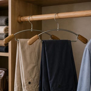 Könnte beinhalten: Zwei Kleiderbügel aus silberfarbenem Metall mit glatten Holzenden, an denen jeweils eine gefaltete Hose hängt. Die Bügel verfügen über einen geschwungenen Metallrahmen und einen drehbaren Haken, hängend an einer Holzstange im Kleiderschrank.