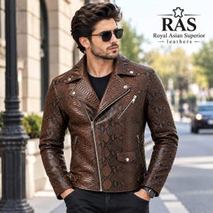 Brown Snakeskin Leather Biker Jacket for Men, Motorcycle Moto Outerwear