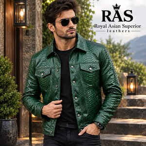 Men's Green Snakeskin Leather Jacket, Python Embossed Trucker Style, Exotic Outerwear