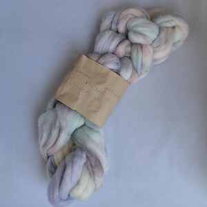 May include: A braided bundle of soft, multi-coloured wool roving in pastel shades of pink, blue, purple, and cream. A brown paper band is wrapped around the centre with the handwritten text: Exmoor x Shetland Roving 100gms.