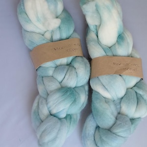 May include: Two braids of soft merino wool roving in a variegated white and light blue colourway. Each bundle is secured with a tan paper band labelled with handwritten text reading Merino Fibre 100gms and Merino Wool 100gms respectively.