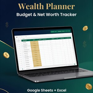 Puede incluir: Un ordenador port&aacute;til que muestra una hoja de c&aacute;lculo digital Wealth Planner Budget & Net Worth Tracker. La pantalla muestra una cuadr&iacute;cula con columnas doradas y blancas. El texto Wealth Planner, Budget & Net Worth Tracker y Google Sheets + Excel es visible.