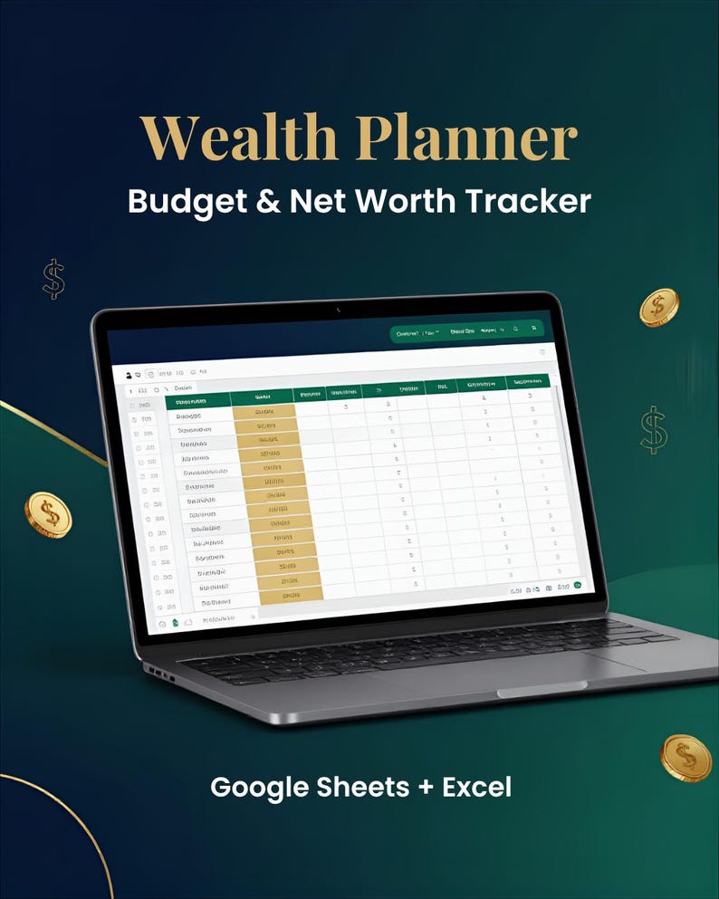 Puede incluir: Un ordenador port&aacute;til que muestra una hoja de c&aacute;lculo digital Wealth Planner Budget & Net Worth Tracker. La pantalla muestra una cuadr&iacute;cula con columnas doradas y blancas. El texto Wealth Planner, Budget & Net Worth Tracker y Google Sheets + Excel es visible.
