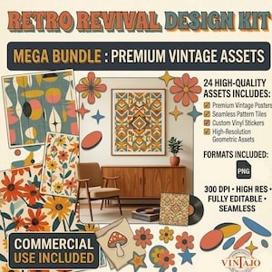 May include: A digital design kit titled Retro Revival Design Kit Mega Bundle Premium Vintage Assets. It features various floral and geometric patterns, star shapes, a mushroom illustration, and a room scene with a chair and framed art.