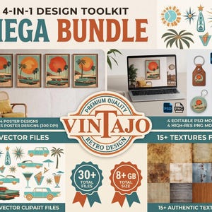 Pode incluir: Um pacote de ferramentas de design 4 em 1 com gráficos de estilo retrô, incluindo quatro designs de pôsteres, arquivos vetoriais, mockups PSD e PNG editáveis e mais de 15 arquivos de texturas. Inclui o logotipo Vintajo e ilustrações.