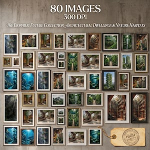 Op de afbeelding: Een collectie van 80 digitale afbeeldingen met architecturale woningen en natuurlijke habitats, gelabeld 300 DPI. De set bevat diverse ingelijste prints met weelderig groen, bosstructuren en aquatische scènes met een kwaliteitslabel.
