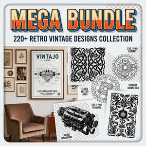 Op de afbeelding: Een digitale collectie getiteld MEGA BUNDLE 220+ RETRO VINTAGE DESIGNS COLLECTION met diverse zwart-wit vectorgraphics, waaronder mechanische motoronderdelen, ingewikkelde knoopwerkpatronen en bloemmotieven in SVG- en PNG-bestandsformaten.