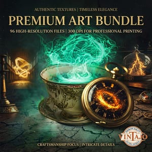 May include: A digital art bundle advertisement featuring a teacup with green smoke, a gold pocket watch with a fiery face, and a glass dome with lightning. Text reads: AUTHENTIC TEXTURES | TIMELESS ELEGANCE, PREMIUM ART BUNDLE, 96 HIGH-RESOLUTION FILES | 300 DPI FOR PROFESSIONAL PRINTING, CRAFTSMANSHIP FOCUS | INTRICATE DETAILS, VINTAJO RETRO DESIGN.