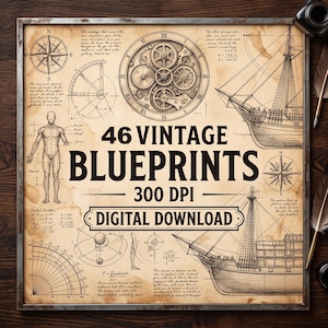 Może przedstawiać: Kwadratowy wydruk z tekstem 46 VINTAGE BLUEPRINTS 300 DPI DIGITAL DOWNLOAD. Projekt zawiera ilustracje ludzkiej sylwetki, mechanizmu zegarowego, dwóch żaglowców, róż wiatrów oraz różnych diagramów geometrycznych na postarzanym papierze.