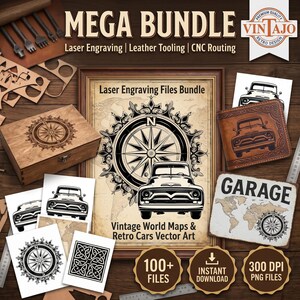 May include: A digital design bundle featuring laser engraving files, leather tooling patterns, and CNC routing templates. The collection includes vector art of vintage cars, compasses, and world maps, with text labels like MEGA BUNDLE and GARAGE.