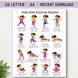 Könnte beinhalten: Ein druckbares Daily Kids Exercise Routine Plakat mit sechzehn illustrierten Übungen und Anleitungen. Das Dokument enthält Text für Aktivitäten wie Jumping Jacks, Squats und Push-Ups, formatiert für US Letter und A4 Papiergrößen.