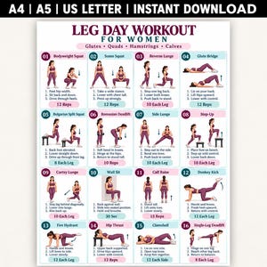 Beintraining für Frauen, 16 Übungen für den Unterkörper, Gesäßmuskeln, Oberschenkelvorderseite und -rückseite – druckbarer Fitnessplan (PDF)