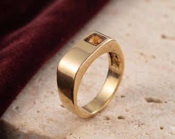 Gold Signet Ring with Square Amber Gemstone, Chunky Minimalist Band Ring, Vintage Gemstone Jewelry Gift