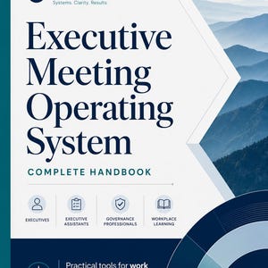 May include: A white and dark blue handbook titled Executive Meeting Operating System by Skill & Structure. The cover features a mountain landscape, icons for executives, assistants, governance professionals, and workplace learning, and text.