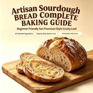 May include: A sourdough bread baking guide with text reading Artisan Sourdough BREAD COMPLETE BAKING GUIDE, Beginner Friendly San Francisco Style Crusty Loaf, US Standard Ingredients, Step-by-Step Starter Care, Printable reference, 100% Original Printable Baking Tutorial, featuring a crusty loaf and a buttered slice on a wooden board.