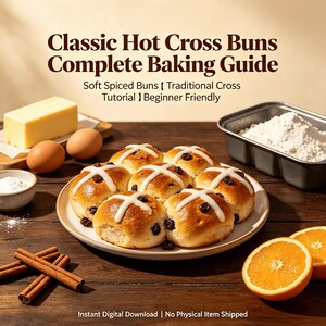May include: A digital guide titled Classic Hot Cross Buns Complete Baking Guide featuring a plate of golden-brown spiced buns with white icing crosses and raisins, surrounded by butter, eggs, flour, cinnamon sticks, and orange slices.