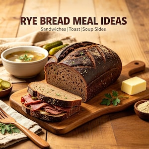 Könnte beinhalten: Ein Laib dunkles Roggenbrot mit einem belegten Sandwich aus Fleisch und Gewürzgurken, einer Schüssel Suppe, einem Stück Butter und einer Holzgabel. Der Text lautet: RYE BREAD MEAL IDEAS Sandwiches | Toast | Soup Sides.