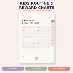 Könnte beinhalten: Ein 16-seitiges digitales und druckbares Set aus Routine- und Belohnungsplänen für Kinder auf hellcremefarbenem Hintergrund mit pastellfarbenen Aufgabenfeldern, einem Sonnensymbol und einem Bären. Der Text lautet Kids Routine & Reward Charts.