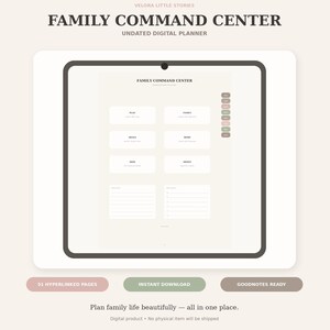 Digital Family Planner for GoodNotes, Hyperlinked Family Command Center, Undated Mom Planner, Meal Budget & Home Organizer