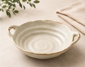 Rustic Ceramic Plate 7 Inch Double Handle Stoneware Serving Bowl Wabi Sabi Shallow Dish Vintage Scandinavian Dinnerware