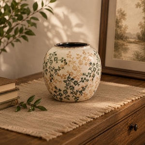 May include: A round ceramic vase with a cream-colored crackle glaze finish. The surface is decorated with a repeating botanical pattern featuring delicate vines, small leaves, and flowers in shades of dark green and muted orange-brown.