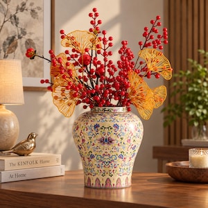 May include: A decorative ceramic vase with a cream base and intricate, colourful floral patterns in blue, pink, and green. The vase is filled with artificial stems featuring bright red berries and yellow, fan-shaped ginkgo leaf accents.