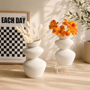 Sculptural Stacked Ceramic Vase, Nordic Abstract Wavy Flower Pot, White Textured Japandi Decor, Modern Totem Pampas Grass Vessel