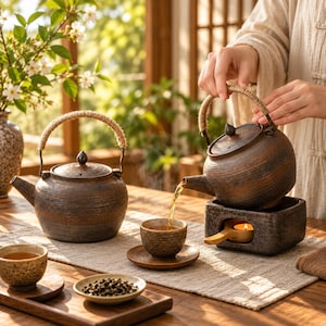 May include: Two dark brown ceramic teapots with textured surfaces and rope-wrapped handles. One teapot sits on a square ceramic warmer with a lit candle inside, pouring tea into a small matching cup on a saucer. A small dish of tea leaves is nearby.